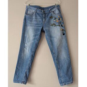 VANILLA MODA Italy Women's Distressed Embroidered Jeans Floral Pattern Size L
